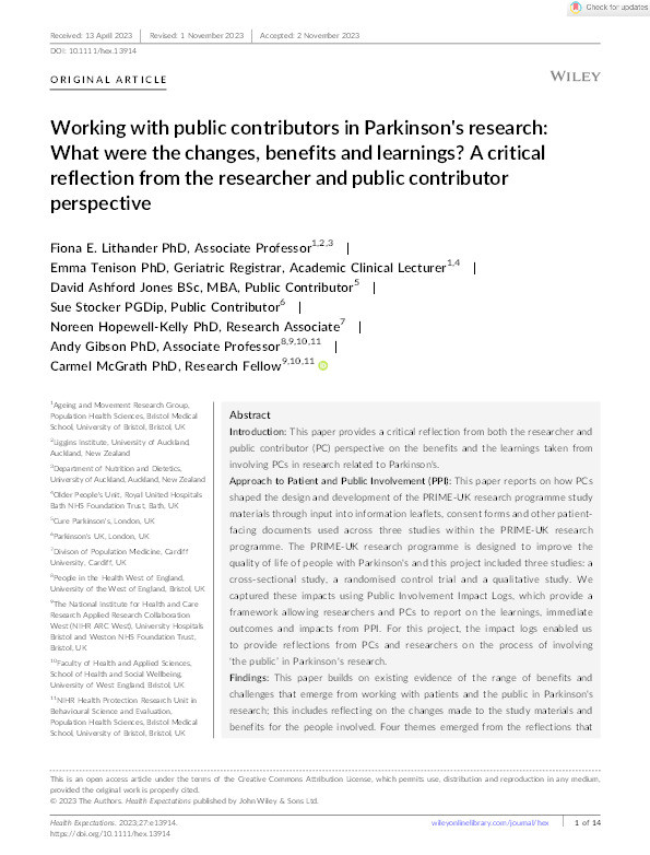 Working with public contributors in Parkinson's research: What were the changes, benefits and learnings? A critical reflection from the researcher and public contributor perspective Thumbnail