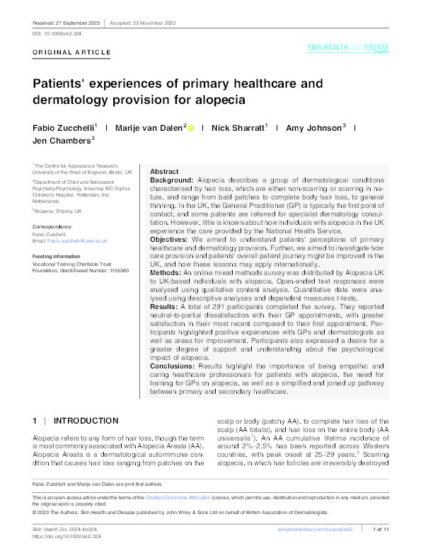 Patients' experiences of primary healthcare and dermatology provision for alopecia Thumbnail