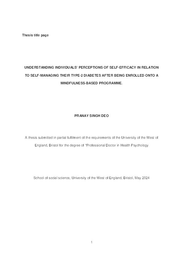 Understanding individual’s perceptions of self-efficacy in relation to self-managing their type-2 diabetes after being enrolled onto a mindfulness-based programme Thumbnail