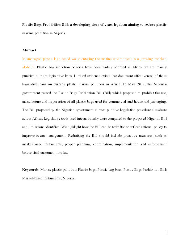 Plastic Bags Prohibition Bill: A developing story of crass legalism aiming to reduce plastic marine pollution in Nigeria Thumbnail