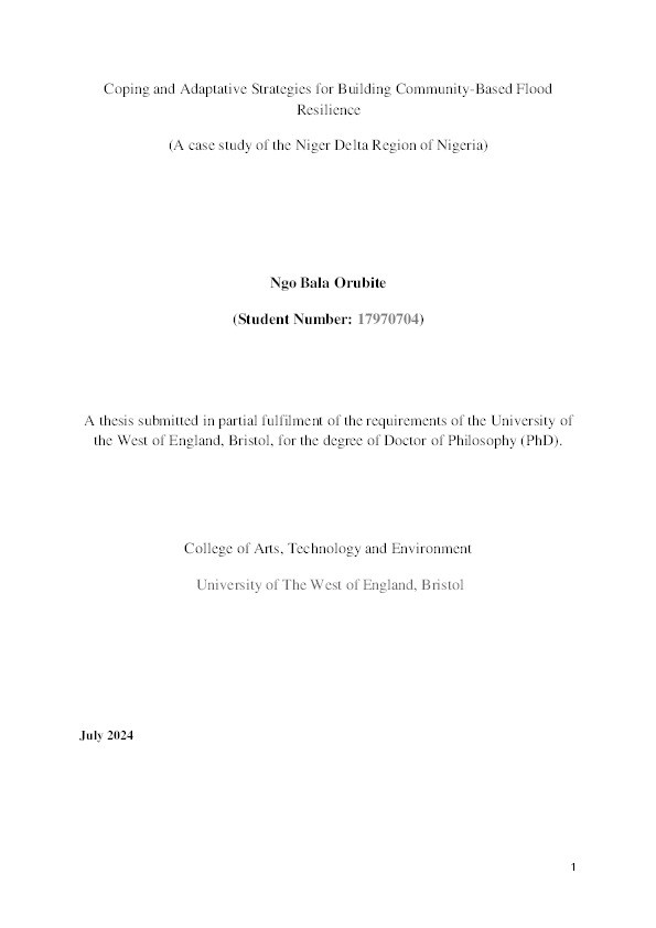 Coping and adaptative strategies for building community based flood resilience (A case study of the Niger Delta region of Nigeria) Thumbnail