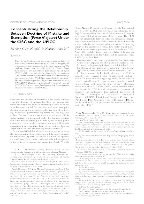 Conceptualizing the relationship between doctrine of mistake and exemption (Force Majeure) under the CISG and the UPICC Thumbnail