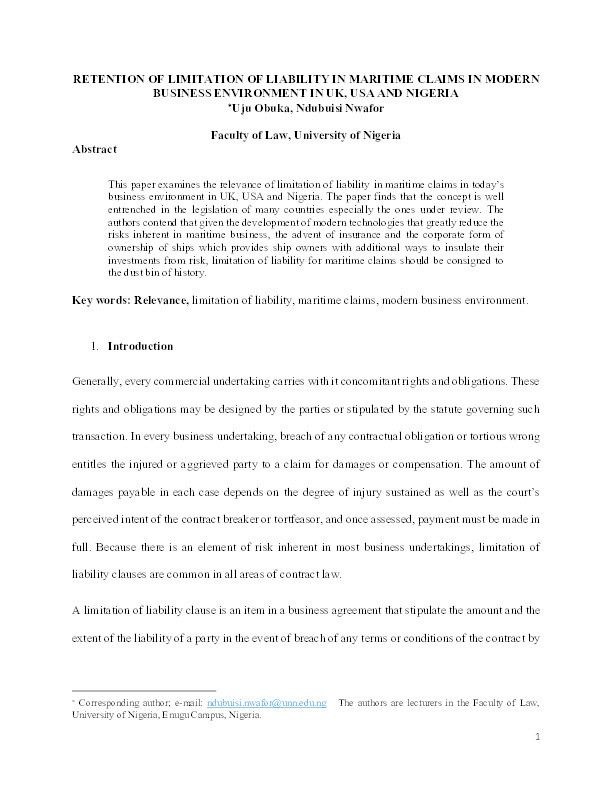 Retention of limitation of liability in maritime claims in modern business environment in the UK, USA, and Nigeria Thumbnail