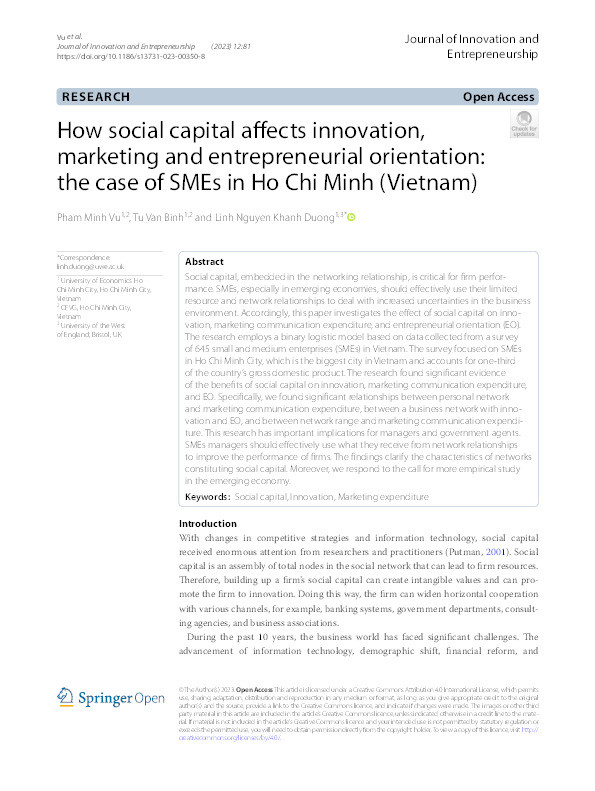 How social capital affects innovation, marketing and entrepreneurial orientation: The case of SMEs in Ho Chi Minh (Vietnam) Thumbnail