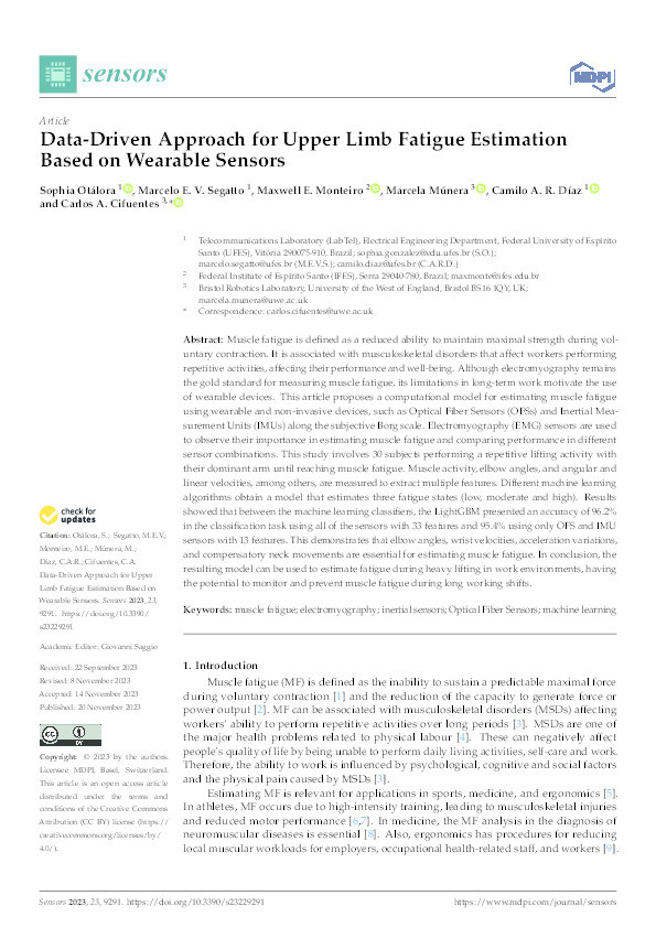 Data-driven approach for upper limb fatigue estimation based on wearable sensors Thumbnail
