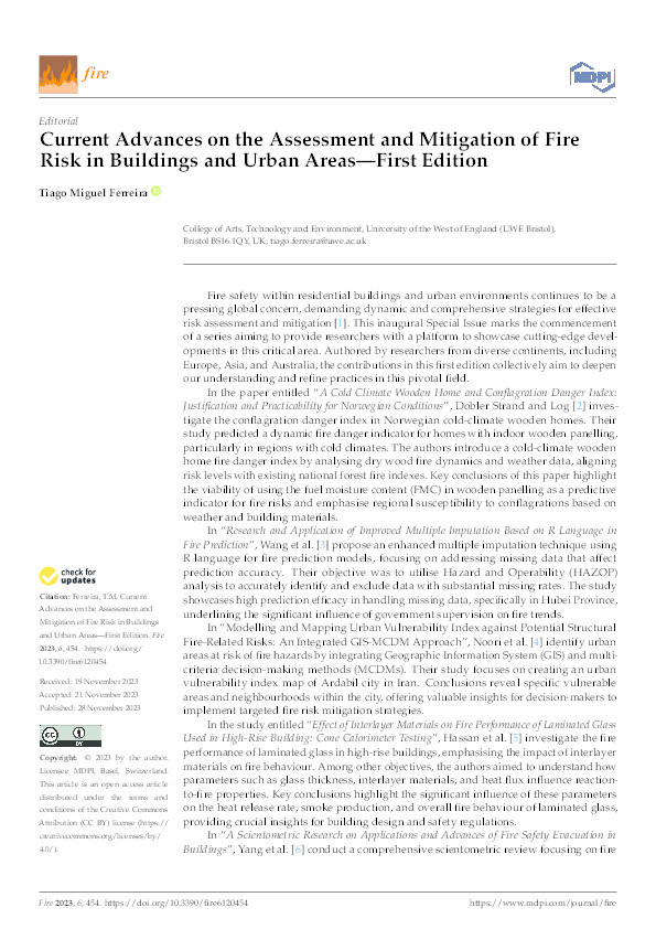 Current advances on the assessment and mitigation of fire risk in buildings and urban areas - First Edition Thumbnail