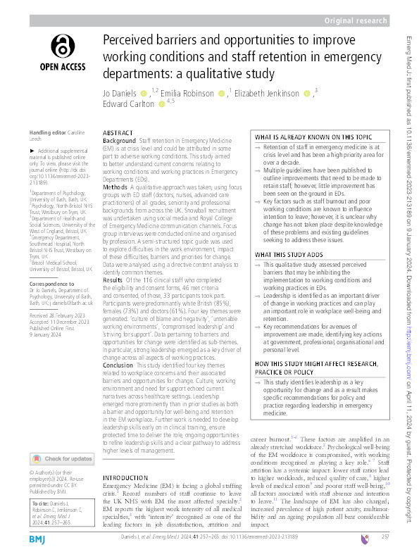 Perceived barriers and opportunities to improve working conditions and staff retention in emergency departments: A qualitative study Thumbnail