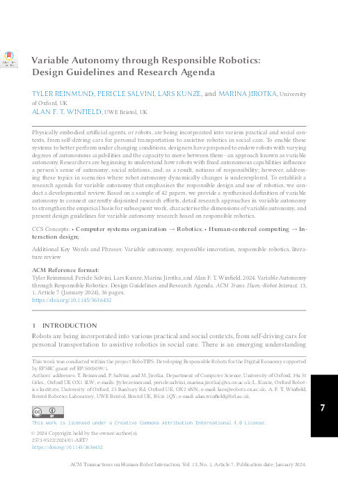 Variable autonomy through responsible robotics: Design guidelines and research agenda Thumbnail