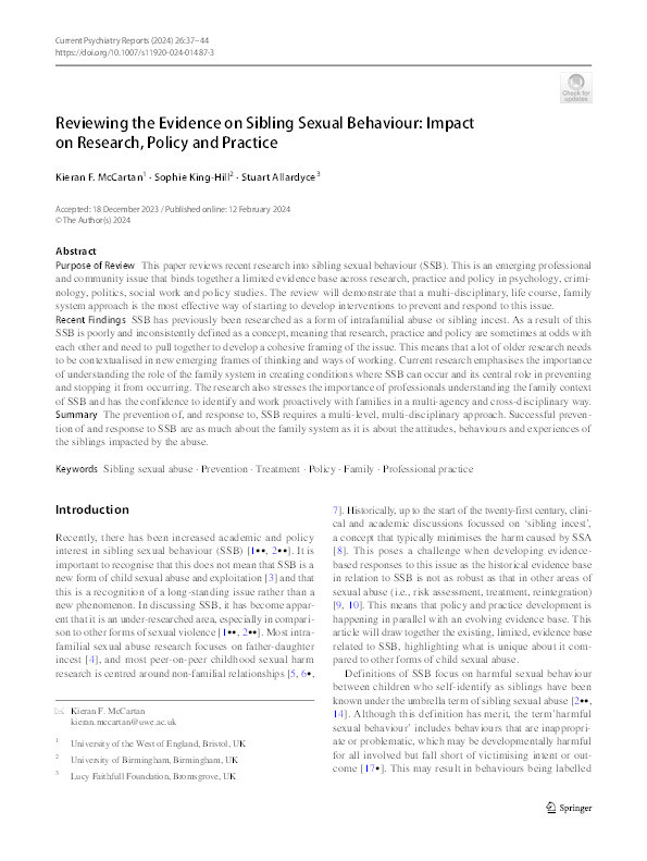 Reviewing the evidence on sibling sexual behaviour: Impact on research, policy and practice Thumbnail