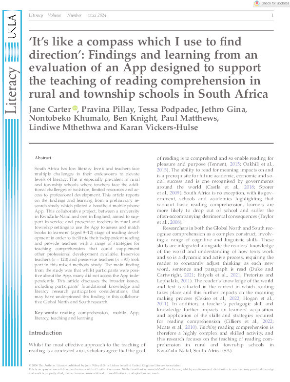 ‘It's like a compass which I use to find direction’: Findings and learning from an evaluation of an App designed to support the teaching of reading comprehension in rural and township schools in South Africa Thumbnail