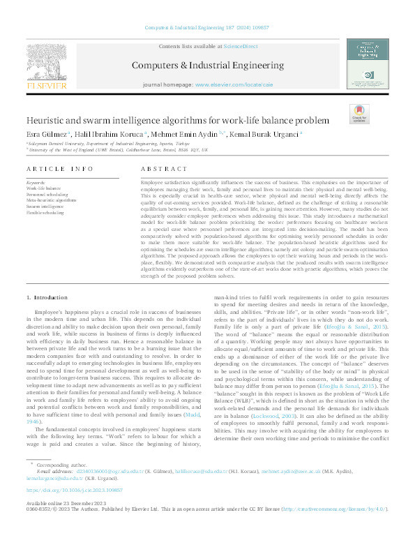 Heuristic and swarm intelligence algorithms for work-life balance problem Thumbnail