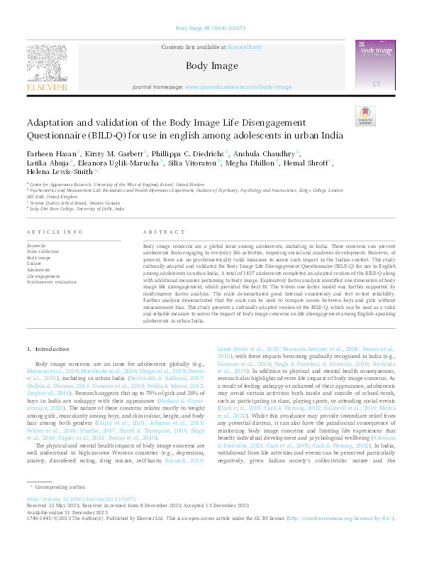 Adaptation and validation of the Body Image Life Disengagement Questionnaire (BILD-Q) for use in English among adolescents in urban India Thumbnail