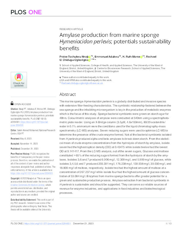 Amylase production from marine sponge Hymeniacidon perlevis; potentials sustainability benefits Thumbnail