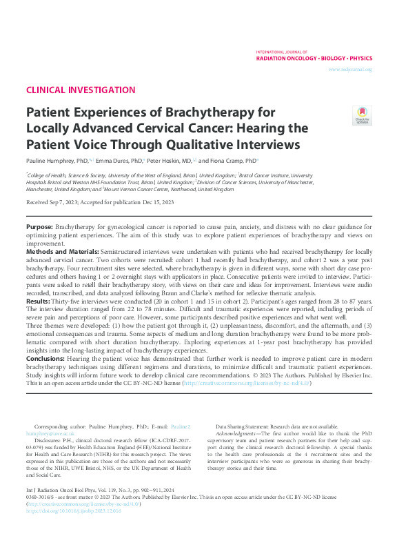 Patient experiences of brachytherapy for locally advanced cervical cancer: Hearing the patient voice through qualitative interviews Thumbnail