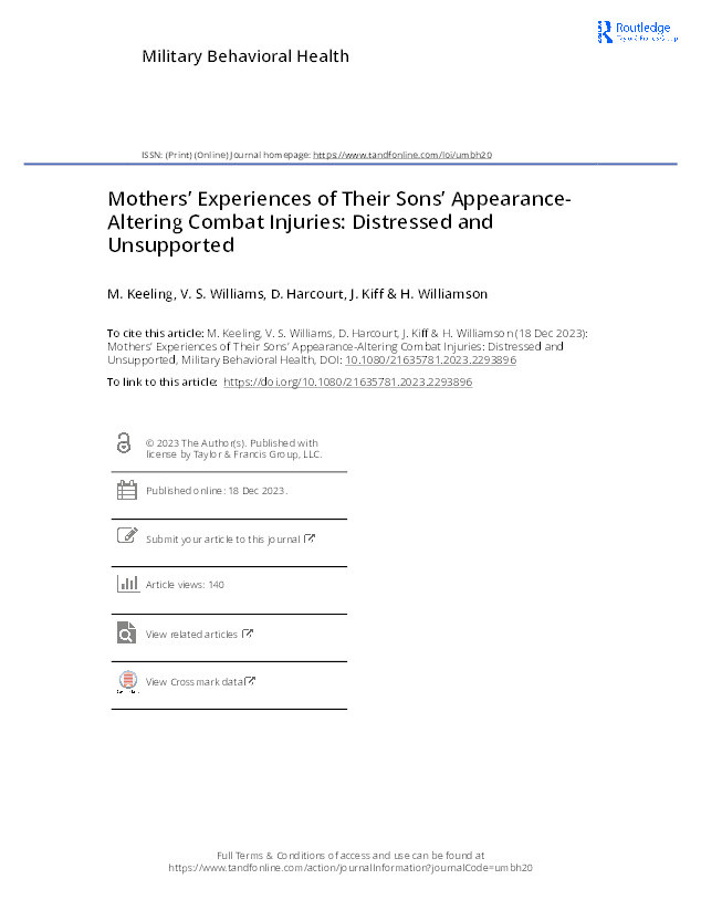 Mothers’ experiences of their sons’ appearance-altering combat injuries: Distressed and unsupported Thumbnail