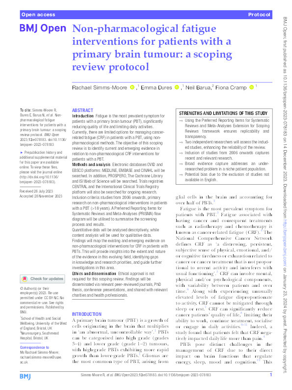 Non-pharmacological fatigue interventions for patients with a primary brain tumour: A scoping review protocol Thumbnail