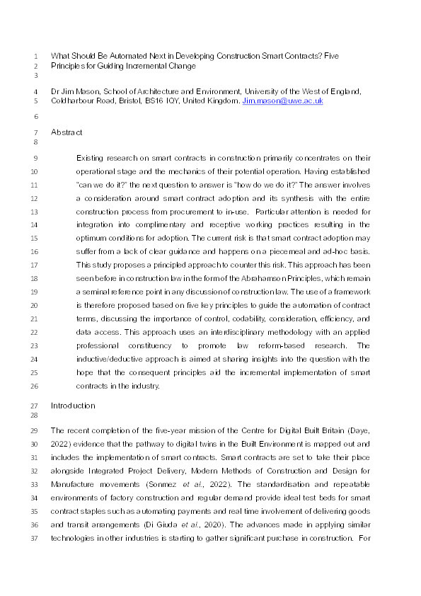 Determining what next to automate in the development of smart contracts in construction: Five principles for guiding incremental change Thumbnail