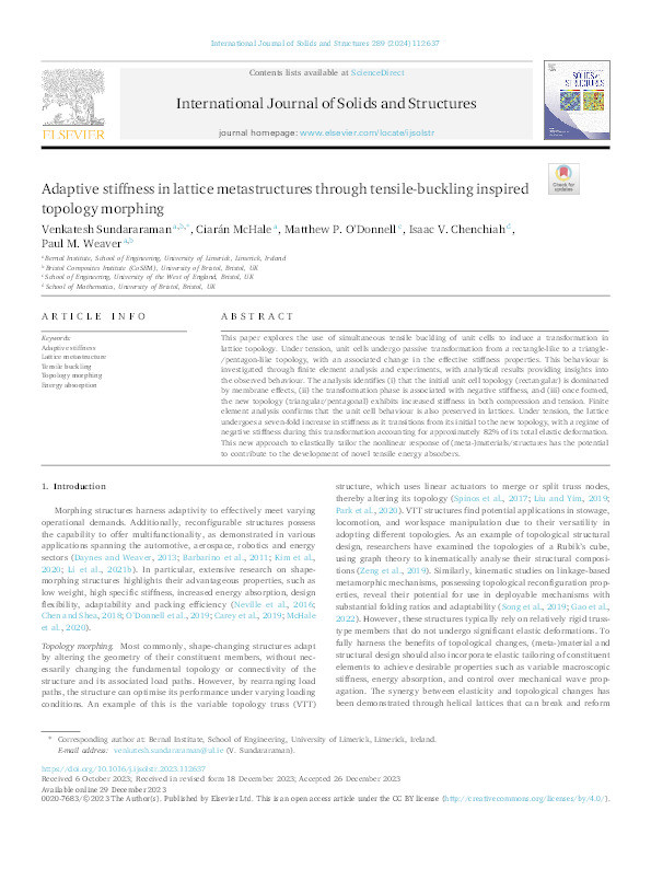 Adaptive stiffness in lattice metastructures through tensile-buckling inspired topology morphing Thumbnail