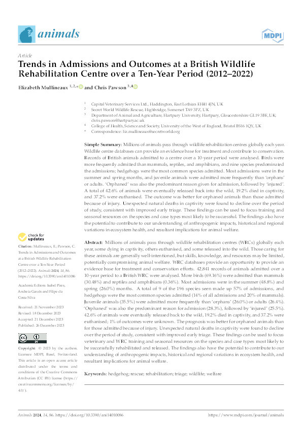 Trends in admissions and outcomes at a British Wildlife rehabilitation centre over a ten-year period (2012–2022) Thumbnail