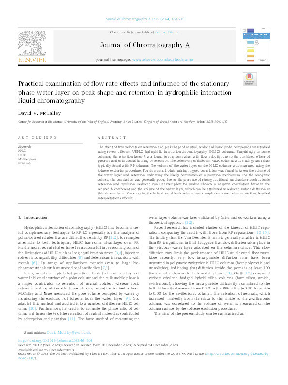 Practical examination of flow rate effects and influence of the stationary phase water layer on peak shape and retention in hydrophilic interaction liquid chromatography Thumbnail