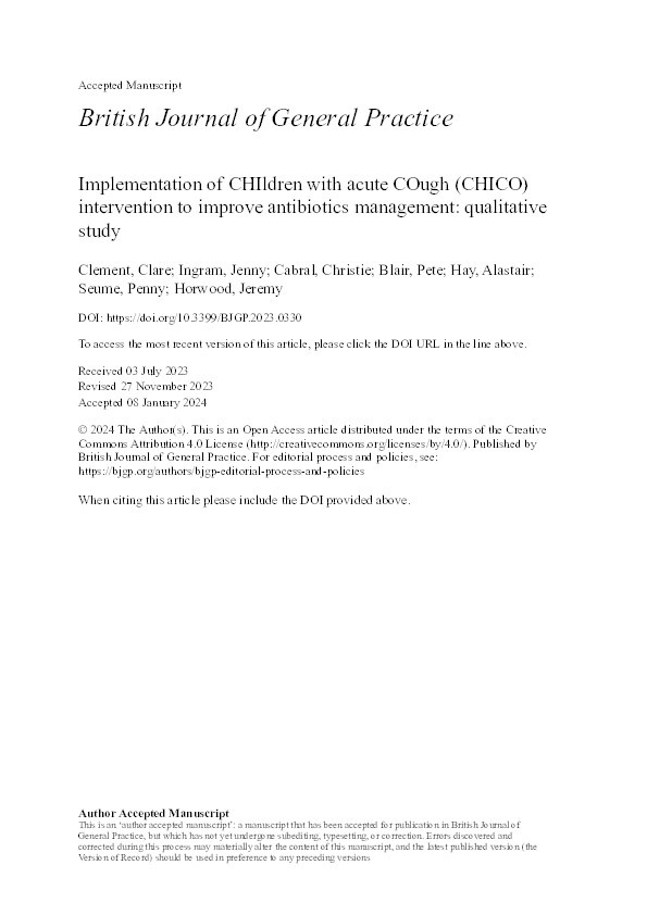 Implementation of the CHIldren with acute COugh (CHICO) intervention to improve antibiotics management: a qualitative study in primary care Thumbnail