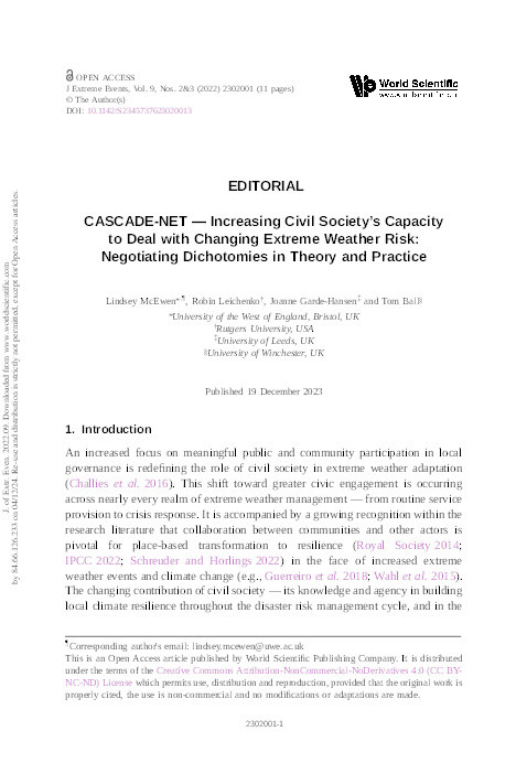 EDITORIAL: CASCADE-NET — Increasing civil society’s capacity to deal with changing extreme weather risk: Negotiating dichotomies in theory and practice Thumbnail