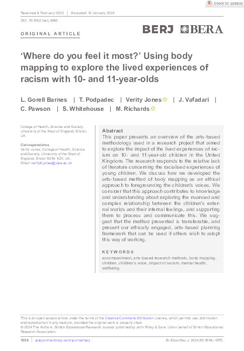 ‘Where do you feel it most?’ Using body mapping to explore the lived experiences of racism with 10- and 11-year-olds Thumbnail