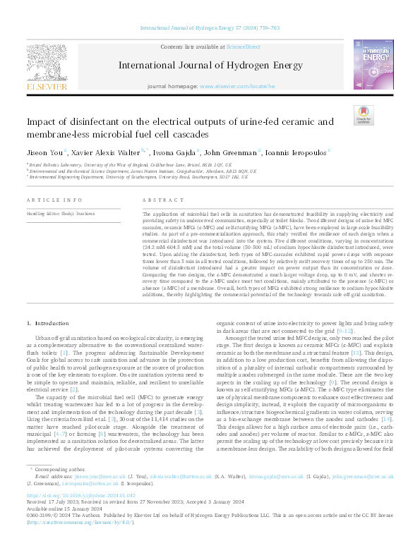 Impact of disinfectant on the electrical outputs of urine-fed ceramic and membrane-less microbial fuel cell cascades Thumbnail