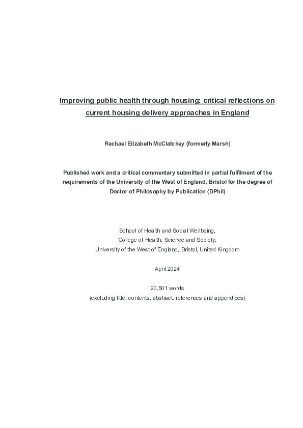 Improving public health through housing: Critical reflections on current housing delivery approaches in England Thumbnail