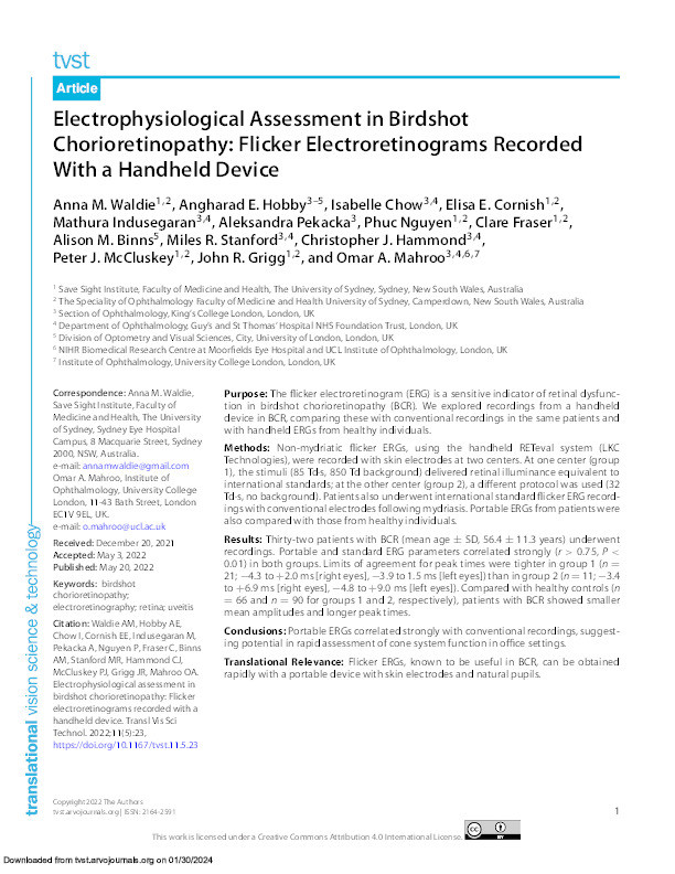 Electrophysiological assessment in birdshot chorioretinopathy: Flicker electroretinograms recorded with a handheld device Thumbnail