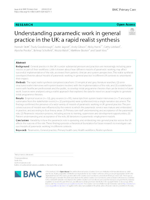 Understanding paramedic work in general practice in the UK: A rapid realist synthesis Thumbnail