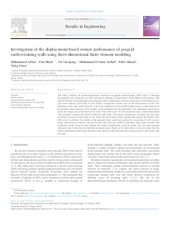 Investigation of the displacement-based seismic performance of geogrid earth-retaining walls using three-dimensional finite element modeling Thumbnail