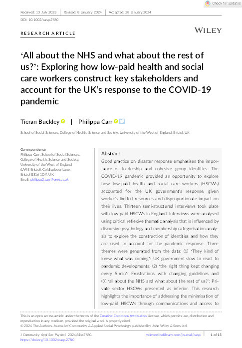 ‘All about the NHS and what about the rest of us?’: Exploring how low-paid health and social care workers construct key stakeholders and account for the UK's response to the COVID-19 pandemic Thumbnail