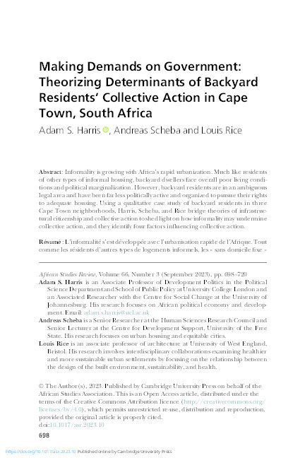 Making demands on government: Theorizing determinants of backyard residents' collective action in Cape Town, South Africa Thumbnail