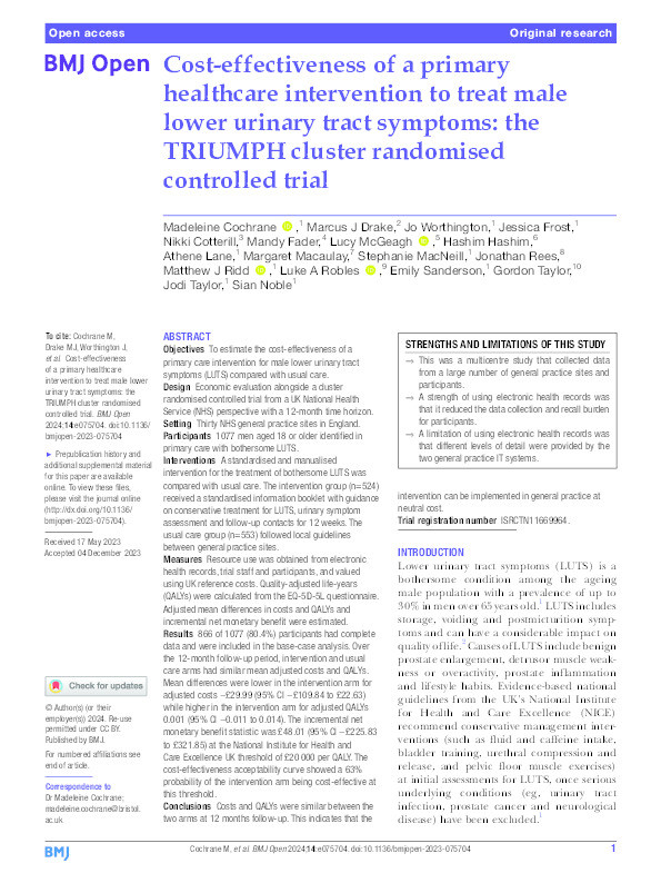 Cost-effectiveness of a primary healthcare intervention to treat male lower urinary tract symptoms: The TRIUMPH cluster randomised controlled trial Thumbnail