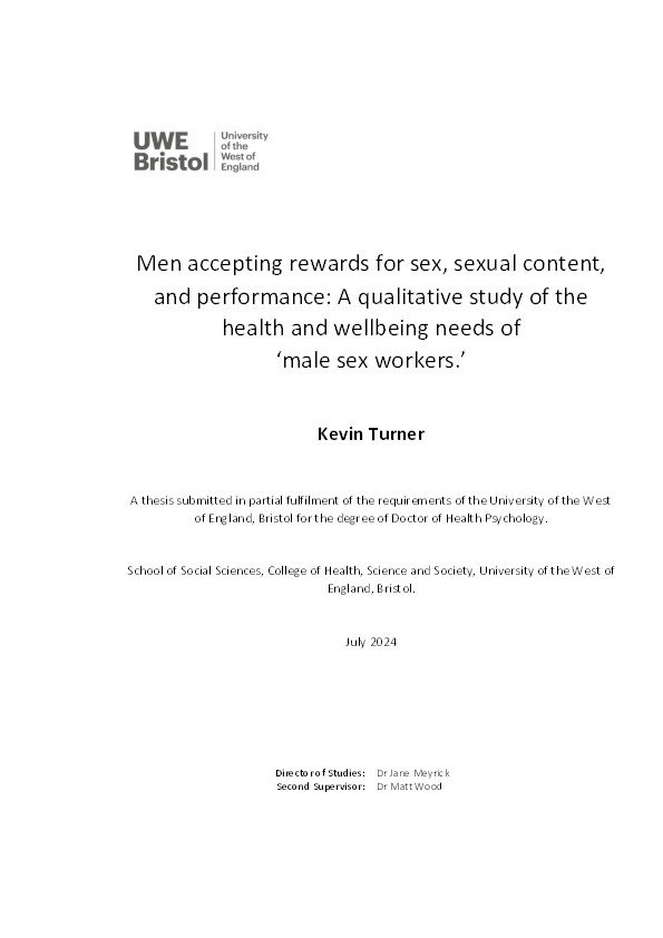 Men accepting rewards for sex, sexual content and performance: A qualitative study of the health and wellbeing needs of 'male sex workers' Thumbnail