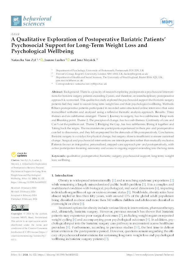 A qualitative exploration of postoperative bariatric patients’ psychosocial support for long-term weight loss and psychological wellbeing Thumbnail