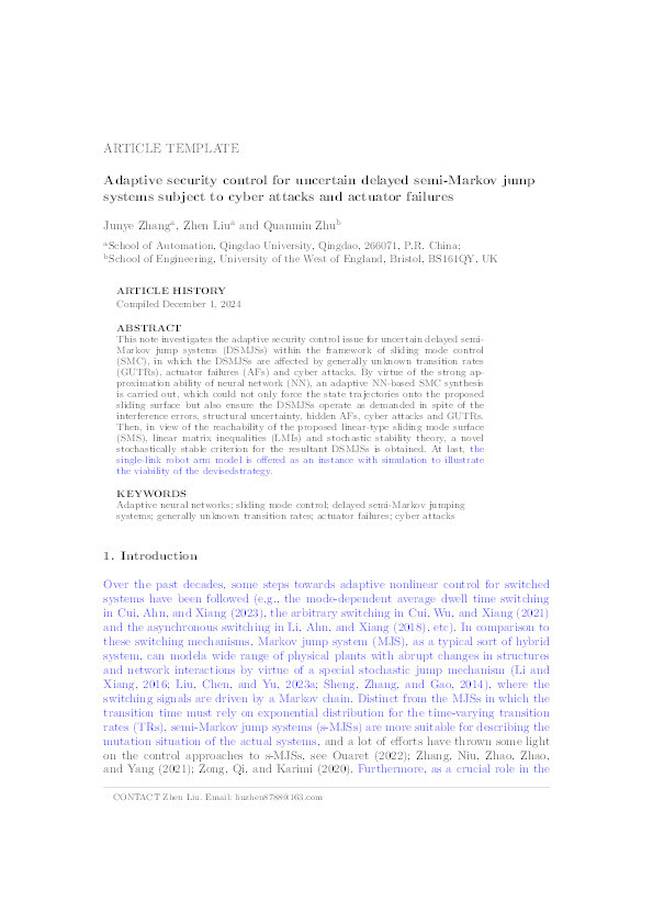 Adaptive security control for uncertain delayed semi-Markov jump systems subject to cyber attacks and actuator failures Thumbnail