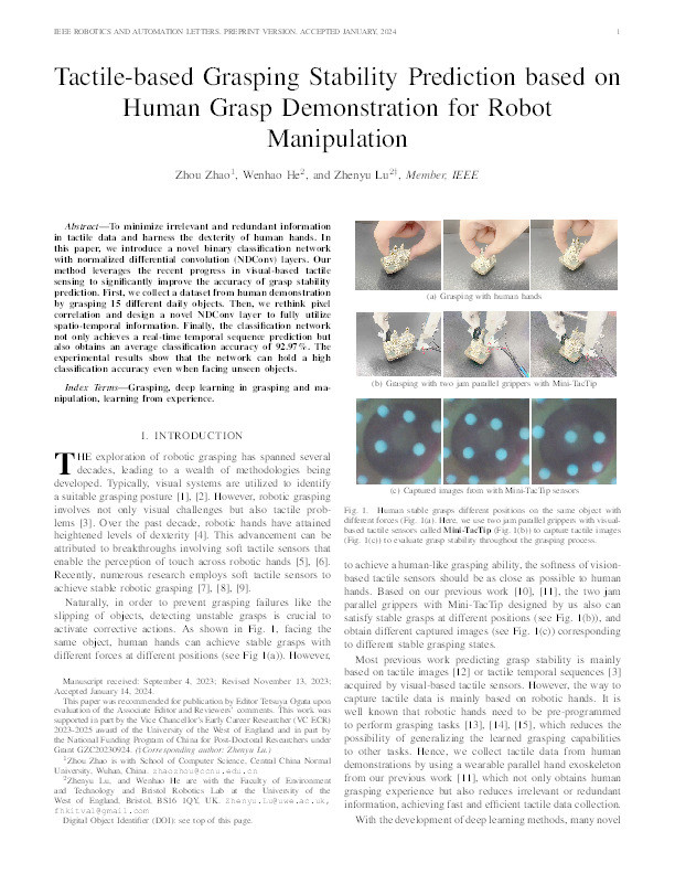 Tactile-based grasping stability prediction based on human grasp demonstration for robot manipulation Thumbnail