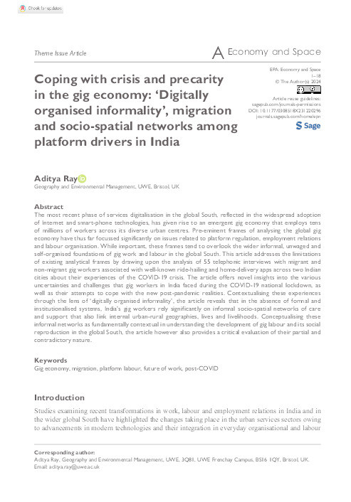 Coping with crisis and precarity in the gig economy: ‘Digitally organised informality’, migration and socio-spatial networks among platform drivers in India Thumbnail