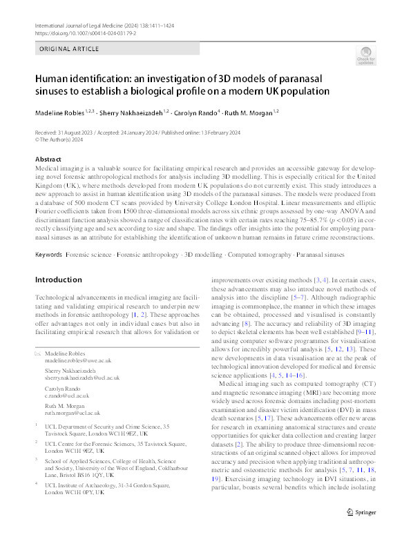 Human identification: An investigation of 3D models of paranasal sinuses to establish a biological profile on a modern UK population Thumbnail