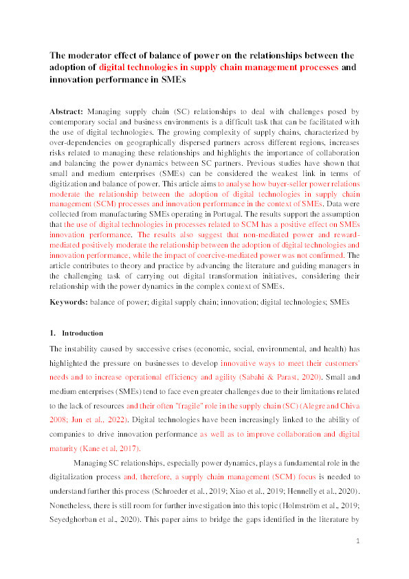 The moderator effect of balance of power on the relationships between the adoption of digital technologies in supply chain management processes and innovation performance in SMEs Thumbnail