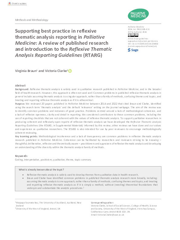 Supporting best practice in reflexive thematic analysis reporting in Palliative Medicine: A review of published research and introduction to the Reflexive Thematic Analysis Reporting Guidelines (RTARG) Thumbnail