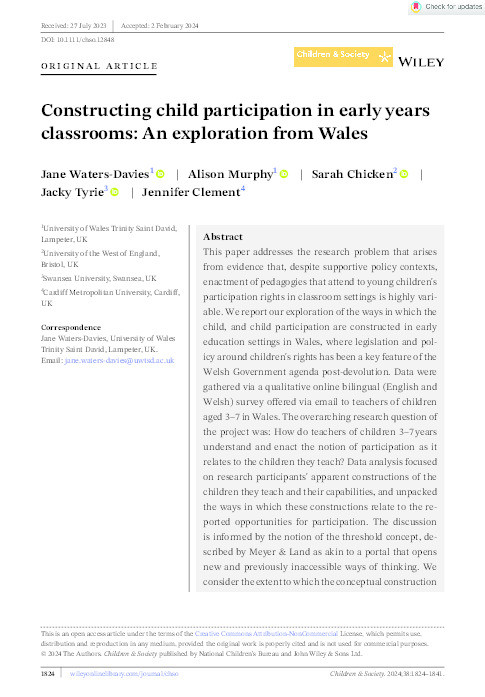 Constructing child participation in early years classrooms: An exploration from Wales Thumbnail