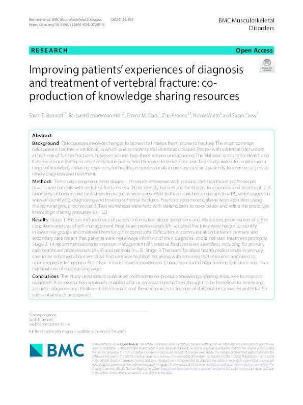 Improving patients’ experiences of diagnosis and treatment of vertebral fracture: Co-production of knowledge sharing resources Thumbnail