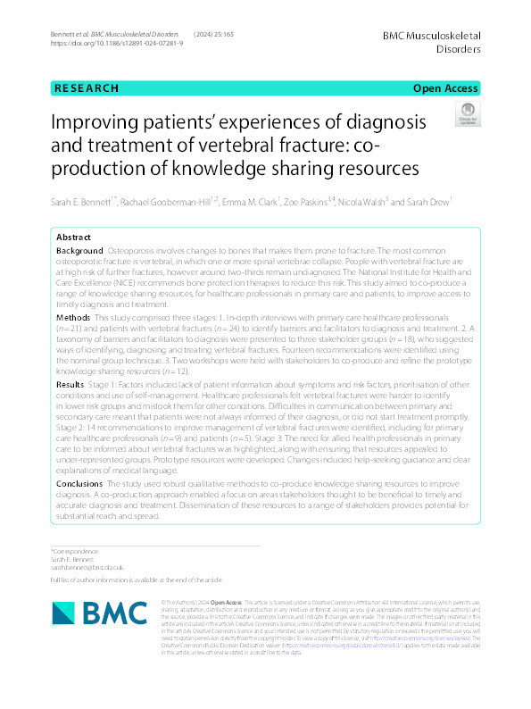 Improving patients’ experiences of diagnosis and treatment of vertebral fracture: Co-production of knowledge sharing resources Thumbnail