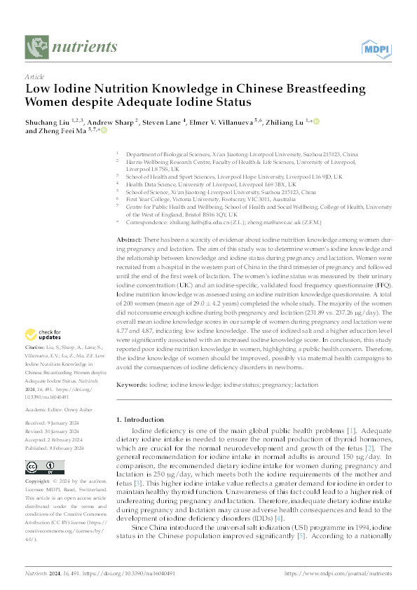 Low iodine nutrition knowledge in Chinese breastfeeding women despite adequate iodine status Thumbnail