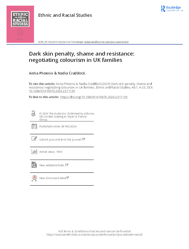 Dark skin penalty, shame and resistance: Negotiating colourism in UK families Thumbnail