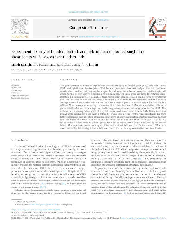 Experimental study of bonded, bolted, and hybrid bonded-bolted single lap shear joints with woven CFRP adherends Thumbnail