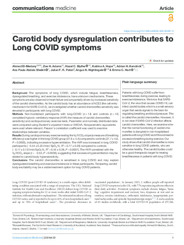 Carotid body dysregulation contributes to Long COVID symptoms Thumbnail